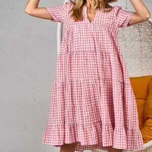 Women's Checkered V-Neck Tiered Midi Dress